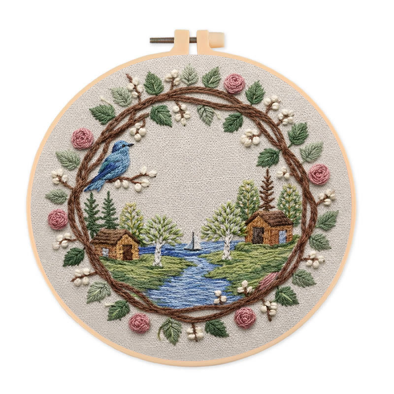 Rubbyoo Embroidery Kit - Cabin Lake |  Beginner Landscape Craft | Unique Handmade Gifts - 20*20cm - image 1