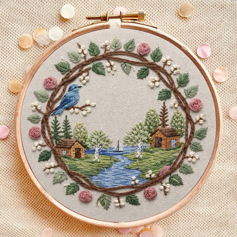 Rubbyoo Embroidery Kit - Cabin Lake |  Beginner Landscape Craft | Unique Handmade Gifts - image 2