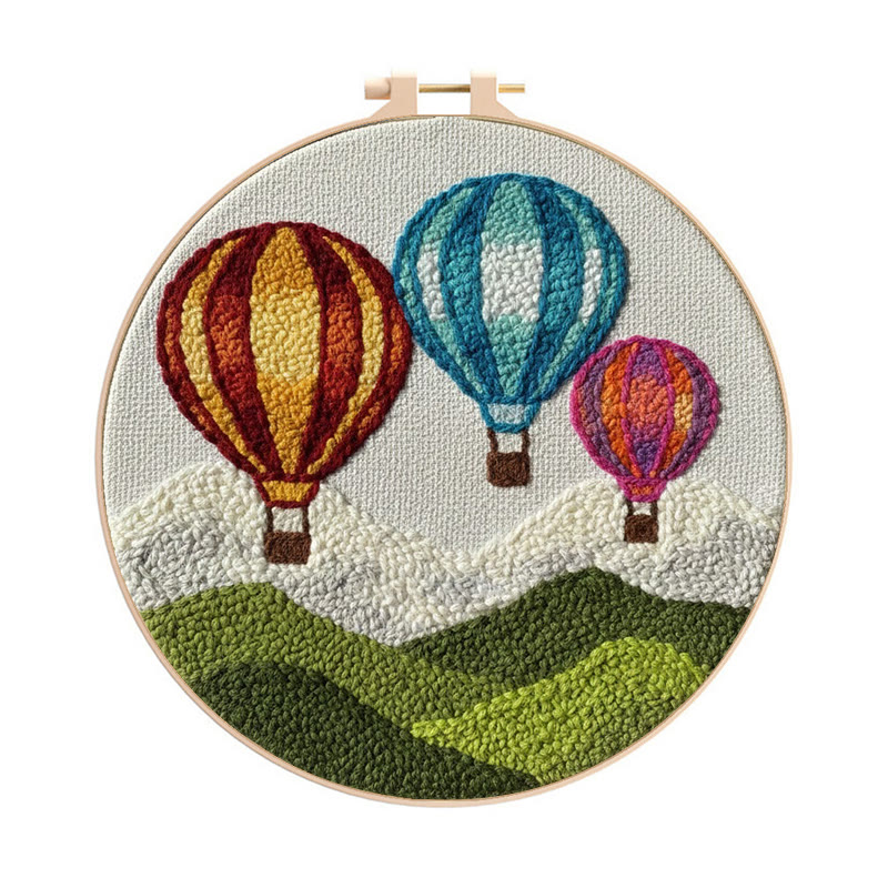 Vibrant Hot Air Balloon Landscape Punch Needle Kit – Cozy Indoor Decor Piece | Delightful Handmade Craft - 8 inch Hoop Kit - image 1