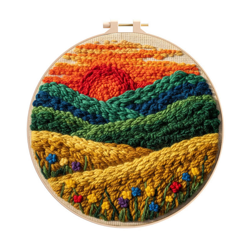 Vibrant Sunset Flower Field Punch Needle Kit – Exquisite Decorative Pendant | Top Gifting Choice - 8 inch Hoop Kit - image 1