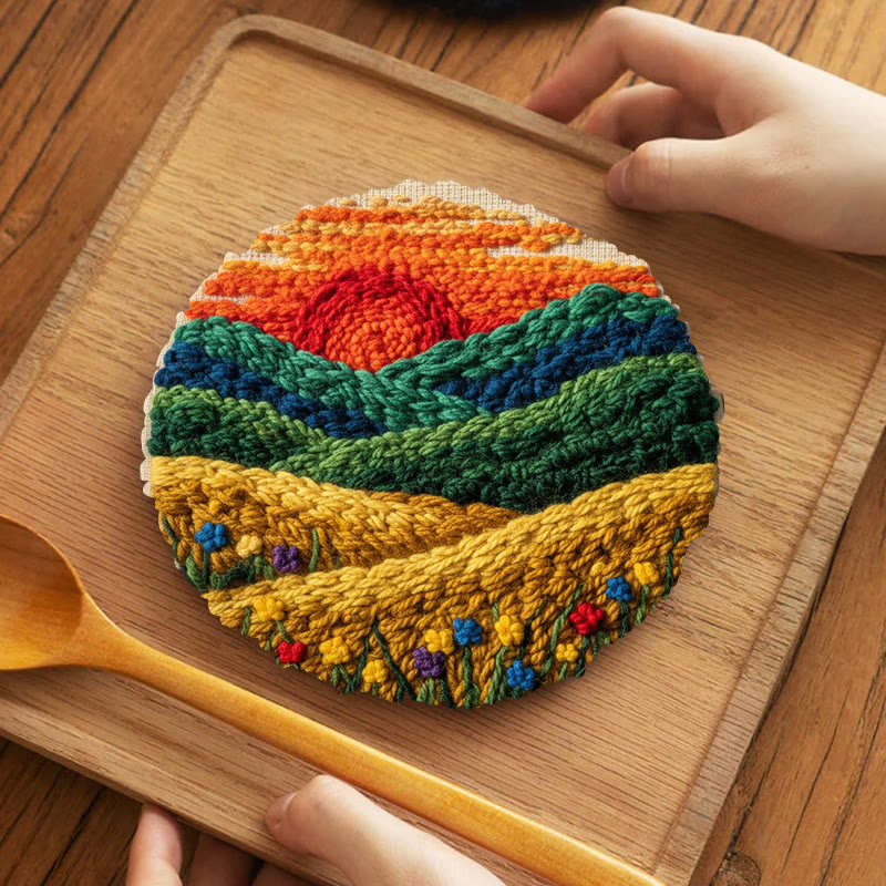 Vibrant Sunset Flower Field Punch Needle Kit – Exquisite Decorative Pendant | Top Gifting Choice - 5 inch Coaster Kit - image 4