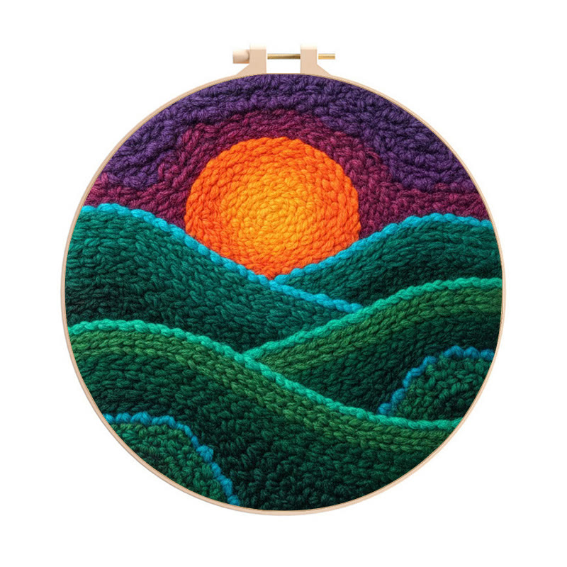 Purple Hued Sunset Mountain Range Punch Needle Kit – Handmade Decor Pendant | Newbie Friendly Diy Craft - 8 inch Hoop Kit - image 1