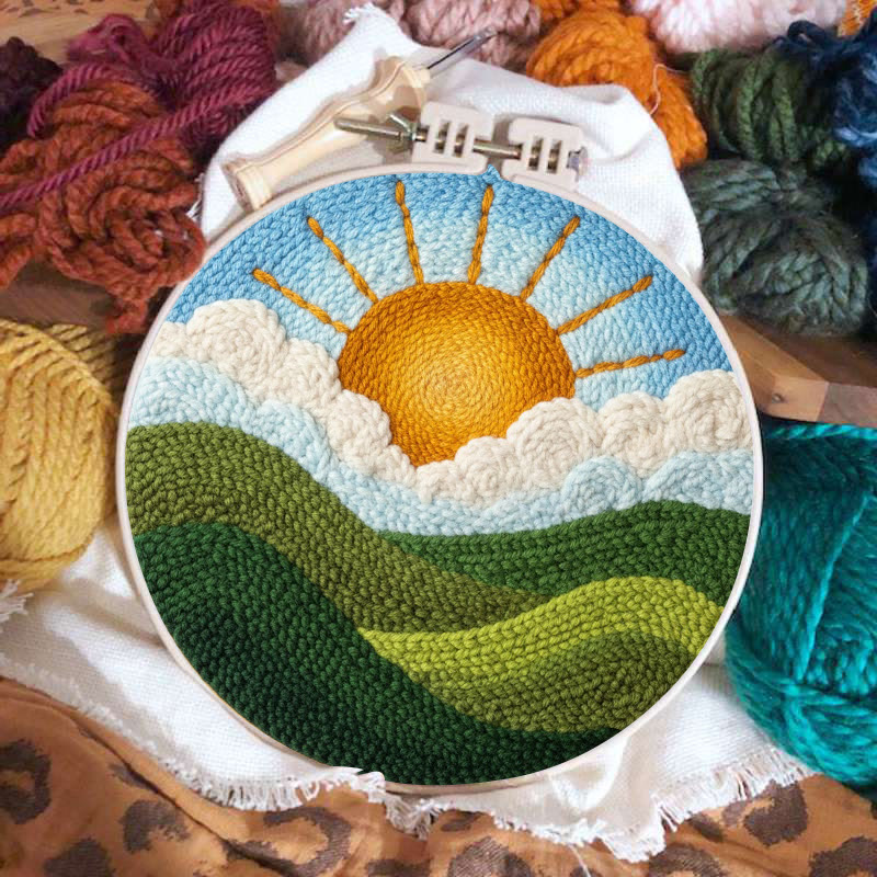 Bright Sunrise Cloudscape Green Hills Punch Needle Kit – Handcrafted Decor Hanger | Novice Friendly Diy Project - image 2