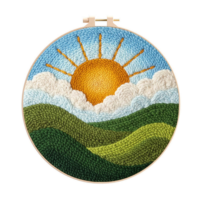 Bright Sunrise Cloudscape Green Hills Punch Needle Kit – Handcrafted Decor Hanger | Novice Friendly Diy Project - 8 inch Hoop Kit - image 1