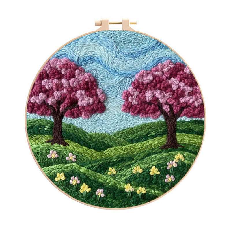 Spring Cherry Blossom Twin Trees Punch Needle Kit – Fresh Spring Decor Hanger | Newbie-friendly Diy Craft - 8 inch Hoop Kit - image 1