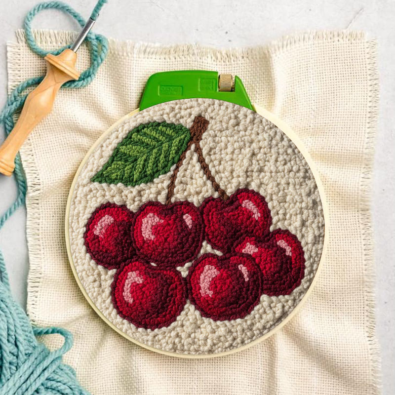 Plump Red Cherry Cluster Punch Needle Kit – Simple Handmade Project | Exquisite Decor Pendant - image 2