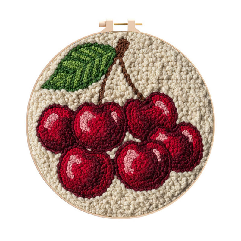 Plump Red Cherry Cluster Punch Needle Kit – Simple Handmade Project | Exquisite Decor Pendant - 8 inch Hoop Kit - image 1