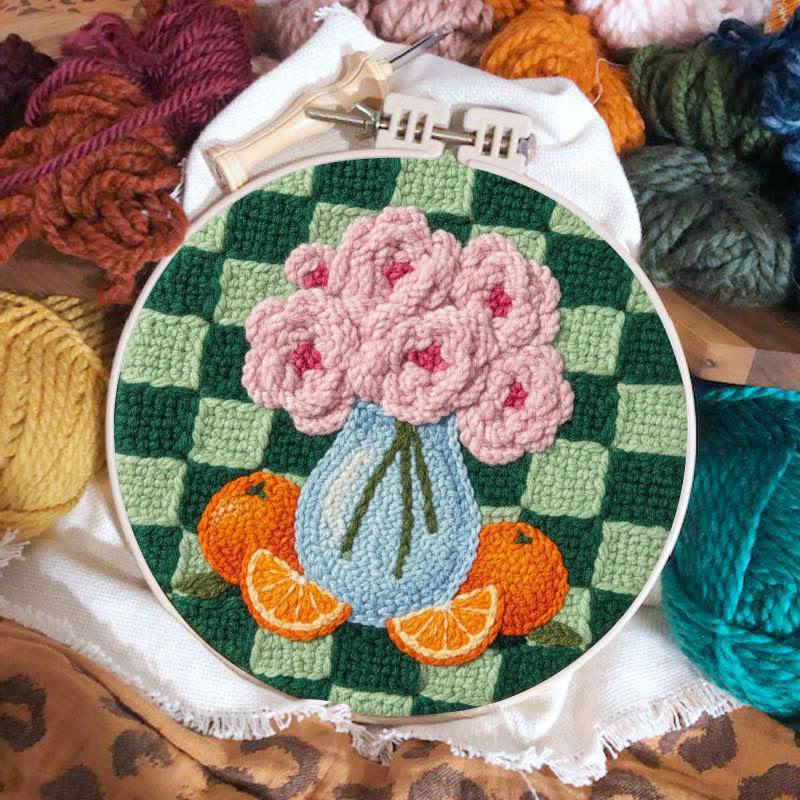 Blush Flower And Orange Checkerboard Punch Needle Kit – Exquisite Handmade Gift | Novice-Friendly DIY Project - image 2