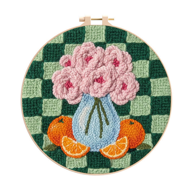 Blush Flower And Orange Checkerboard Punch Needle Kit – Exquisite Handmade Gift | Novice-Friendly DIY Project - 8 inch Hoop Kit - image 1