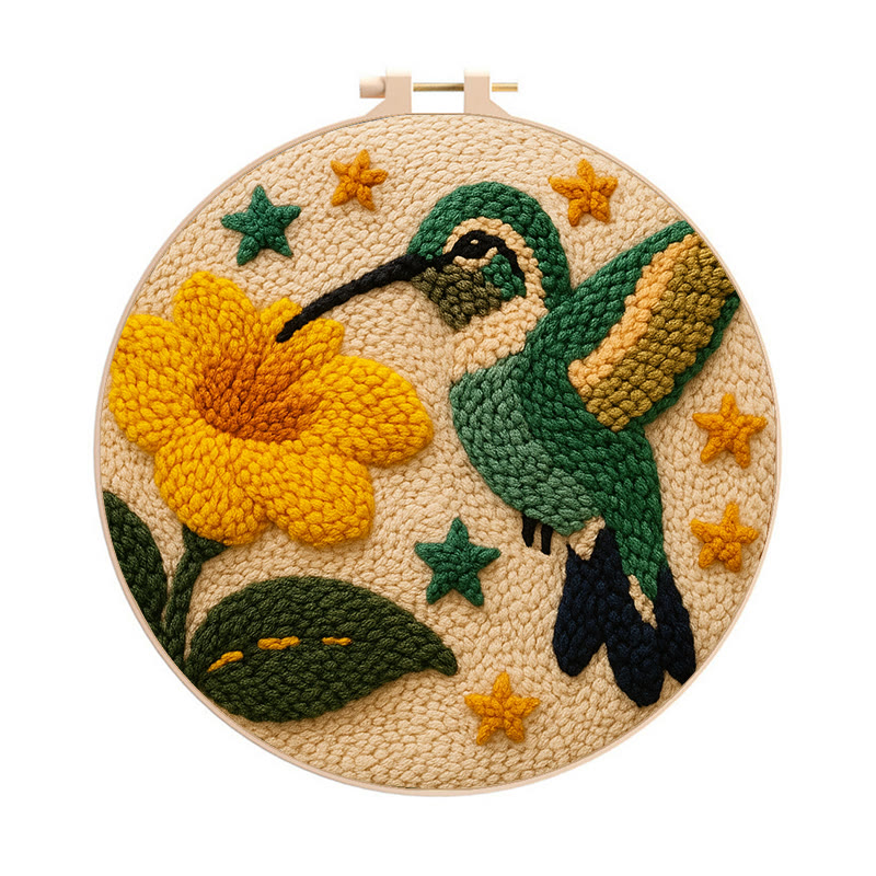 Hummingbird With Yellow Flower And Star Detail Punch Needle Kit – Easy-to-master Diy Craft | Elegant Decor Pendant - 8 inch Hoop Kit - image 1