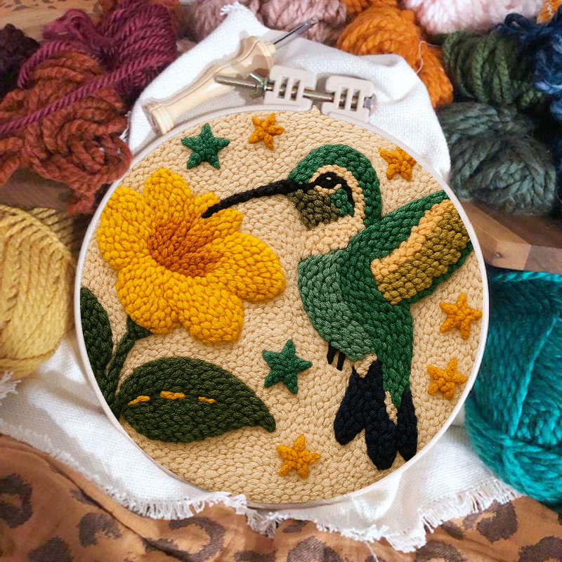 Hummingbird With Yellow Flower And Star Detail Punch Needle Kit – Easy-to-master Diy Craft | Elegant Decor Pendant - image 3