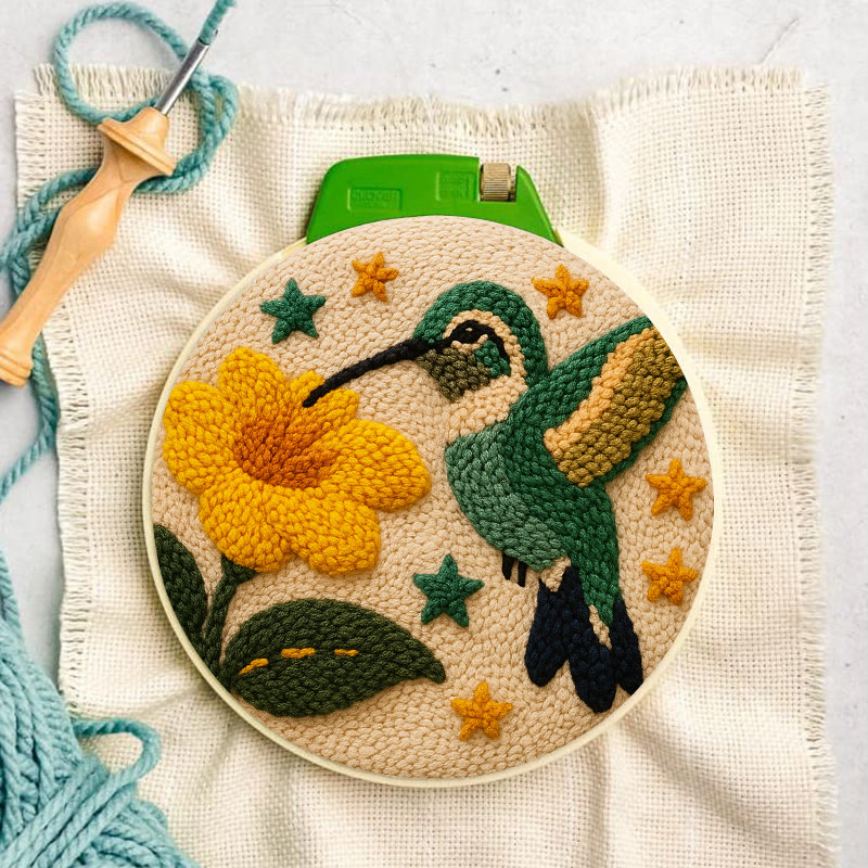 Hummingbird With Yellow Flower And Star Detail Punch Needle Kit – Easy-to-master Diy Craft | Elegant Decor Pendant - image 2
