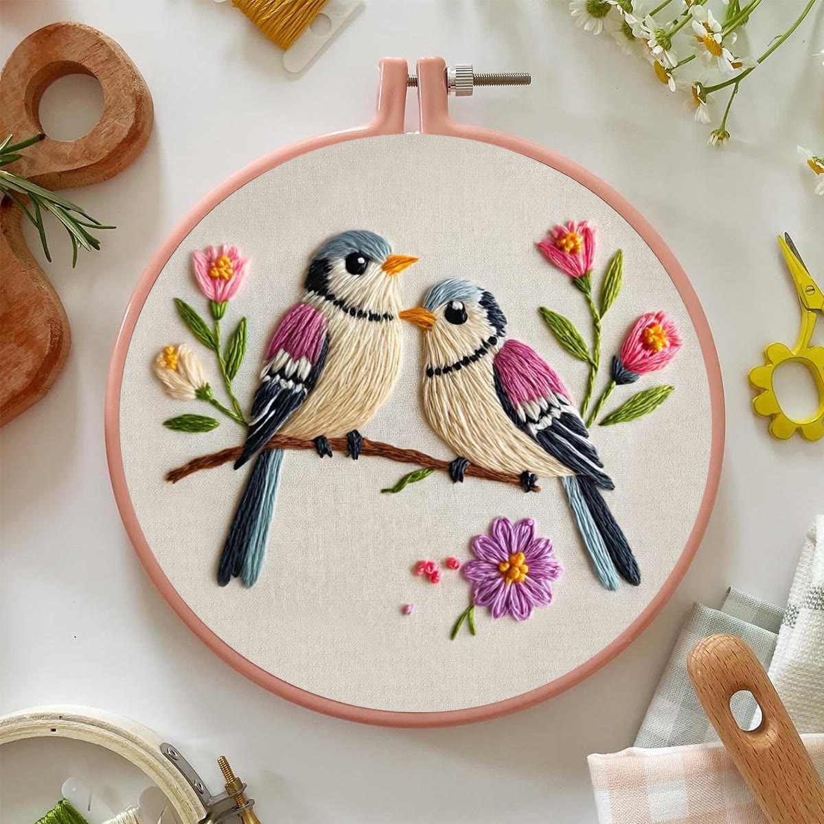 Rubbyoo Embroidery Kit - Two Birds with Floral | Beginner-Friendly Craft for Newbies | Exquisite Embroidery Decor - image 3