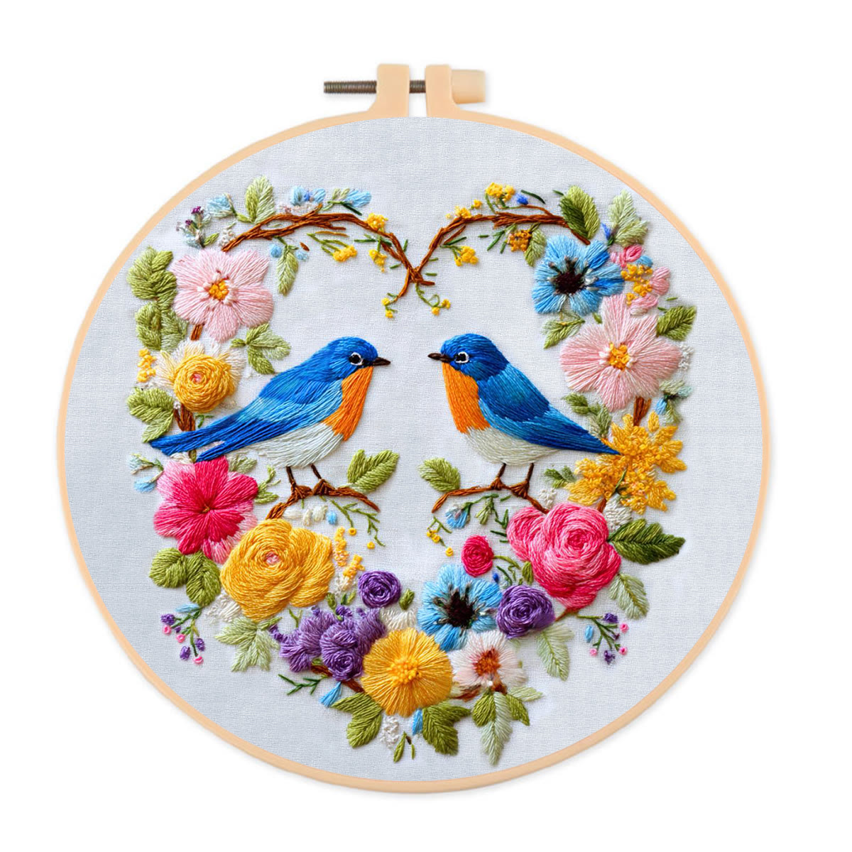 Rubbyoo Embroidery Kit - Two Blue Birds in Heart-Shaped Floral Cluster | Exquisite Embroidered Decor | Handmade Gifting Option - 20*20cm - image 1