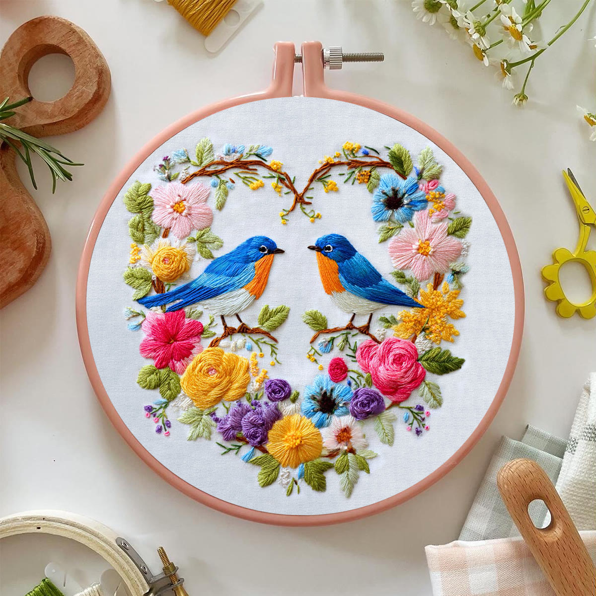 Rubbyoo Embroidery Kit - Two Blue Birds in Heart-Shaped Floral Cluster | Exquisite Embroidered Decor | Handmade Gifting Option - image 3