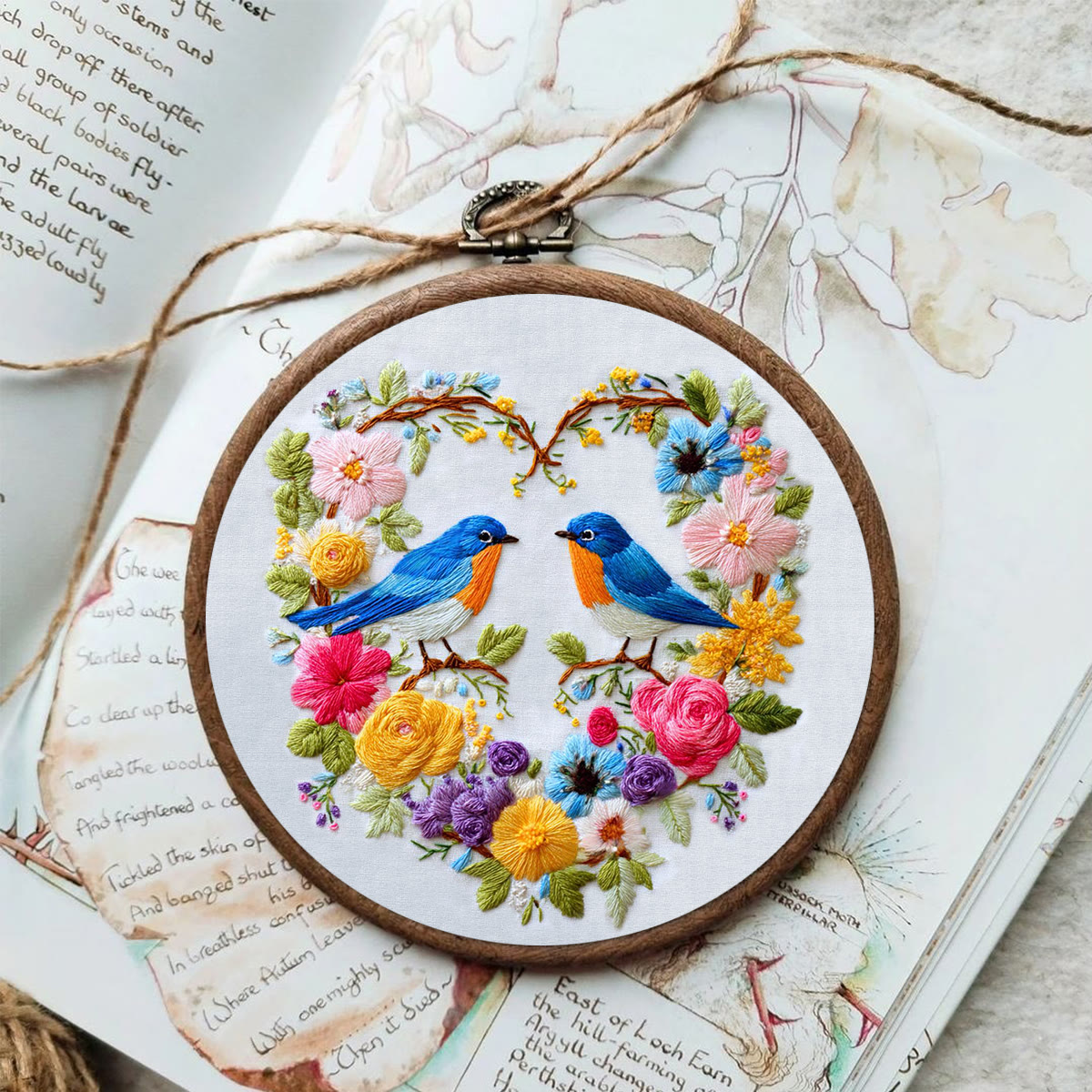 Rubbyoo Embroidery Kit - Two Blue Birds in Heart-Shaped Floral Cluster | Exquisite Embroidered Decor | Handmade Gifting Option - image 2