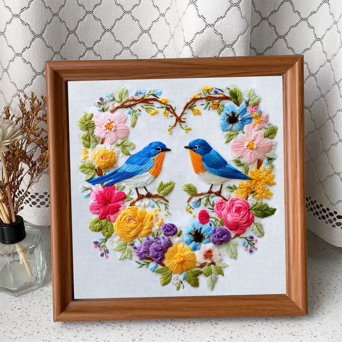 Rubbyoo Embroidery Kit - Two Blue Birds in Heart-Shaped Floral Cluster | Exquisite Embroidered Decor | Handmade Gifting Option - Embroidery Kit Plus An Extra Frame - image 4