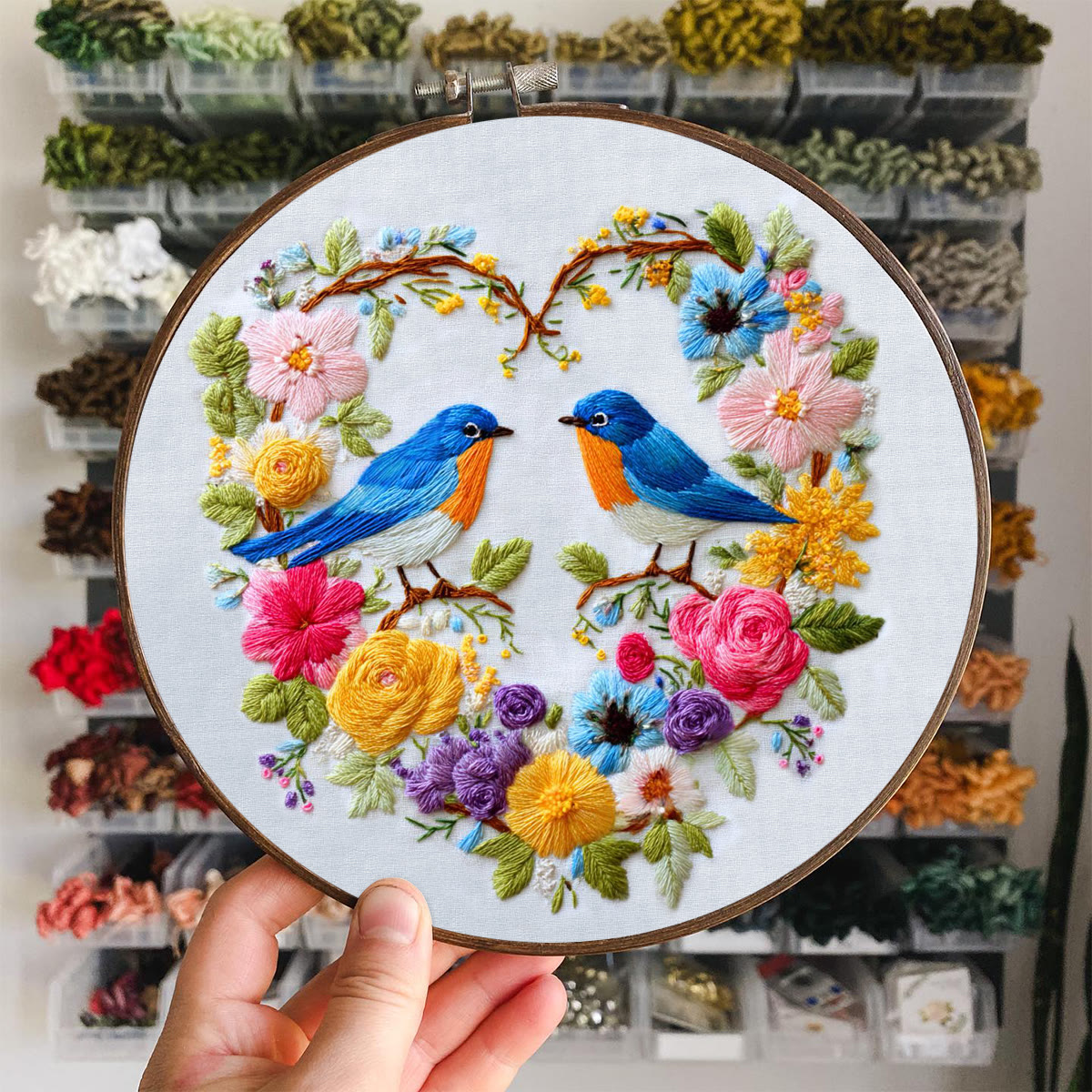 Rubbyoo Embroidery Kit - Two Blue Birds in Heart-Shaped Floral Cluster | Exquisite Embroidered Decor | Handmade Gifting Option - image 7