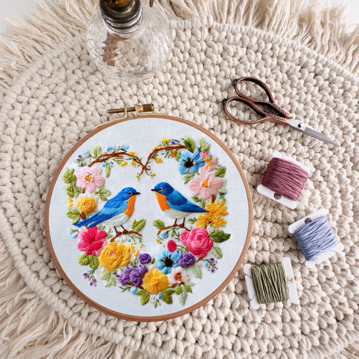 Rubbyoo Embroidery Kit - Two Blue Birds in Heart-Shaped Floral Cluster | Exquisite Embroidered Decor | Handmade Gifting Option - image 9