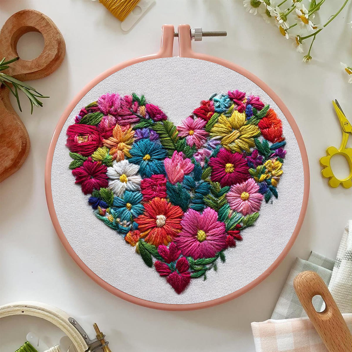 Rubbyoo Embroidery Kit - Vibrant Floral Cluster in Heart Shape | Elegant Embroidered Piece | Artisanal Handmade Gift - image 2