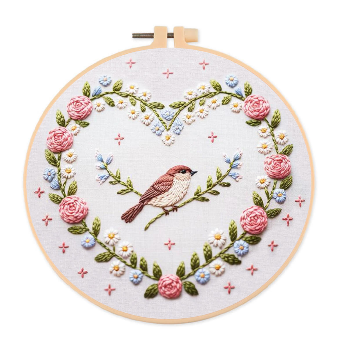 Rubbyoo Embroidery Kit - Heart Wreath with Sparrow Accent | Newbie-Friendly DIY Craft | Cozy Home Hanging Ornament - 20*20cm - image 1