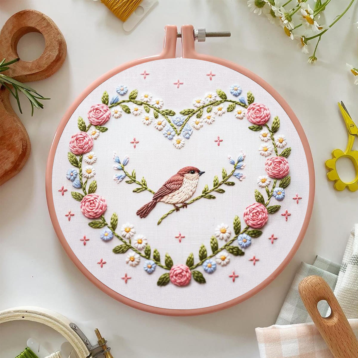 Rubbyoo Embroidery Kit - Heart Wreath with Sparrow Accent | Newbie-Friendly DIY Craft | Cozy Home Hanging Ornament - image 3