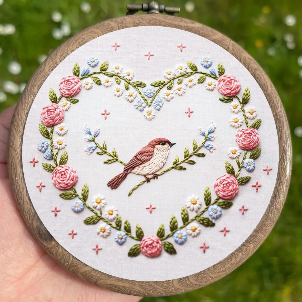 Rubbyoo Embroidery Kit - Heart Wreath with Sparrow Accent | Newbie-Friendly DIY Craft | Cozy Home Hanging Ornament - image 2