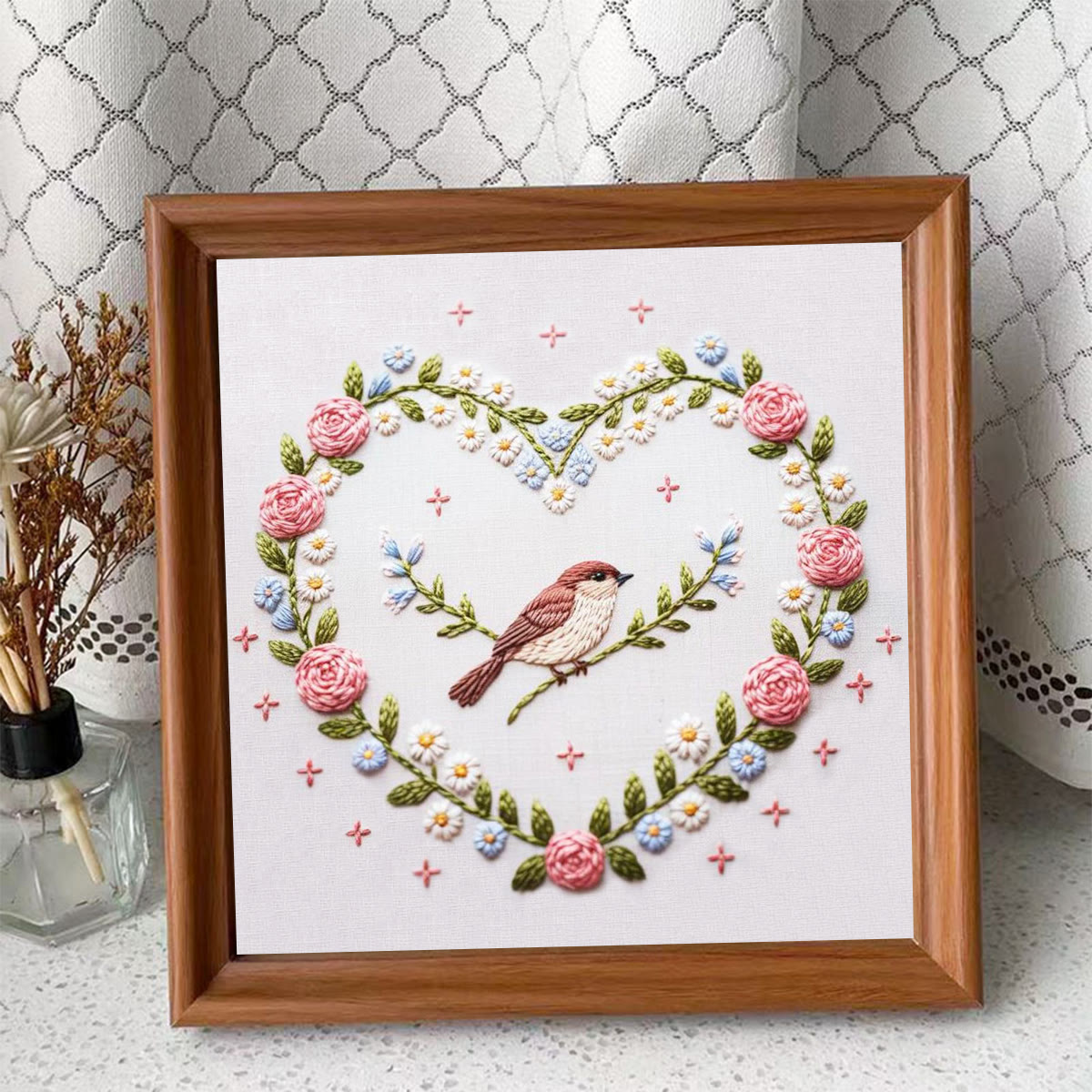 Rubbyoo Embroidery Kit - Heart Wreath with Sparrow Accent | Newbie-Friendly DIY Craft | Cozy Home Hanging Ornament - Embroidery Kit Plus An Extra Frame - image 10