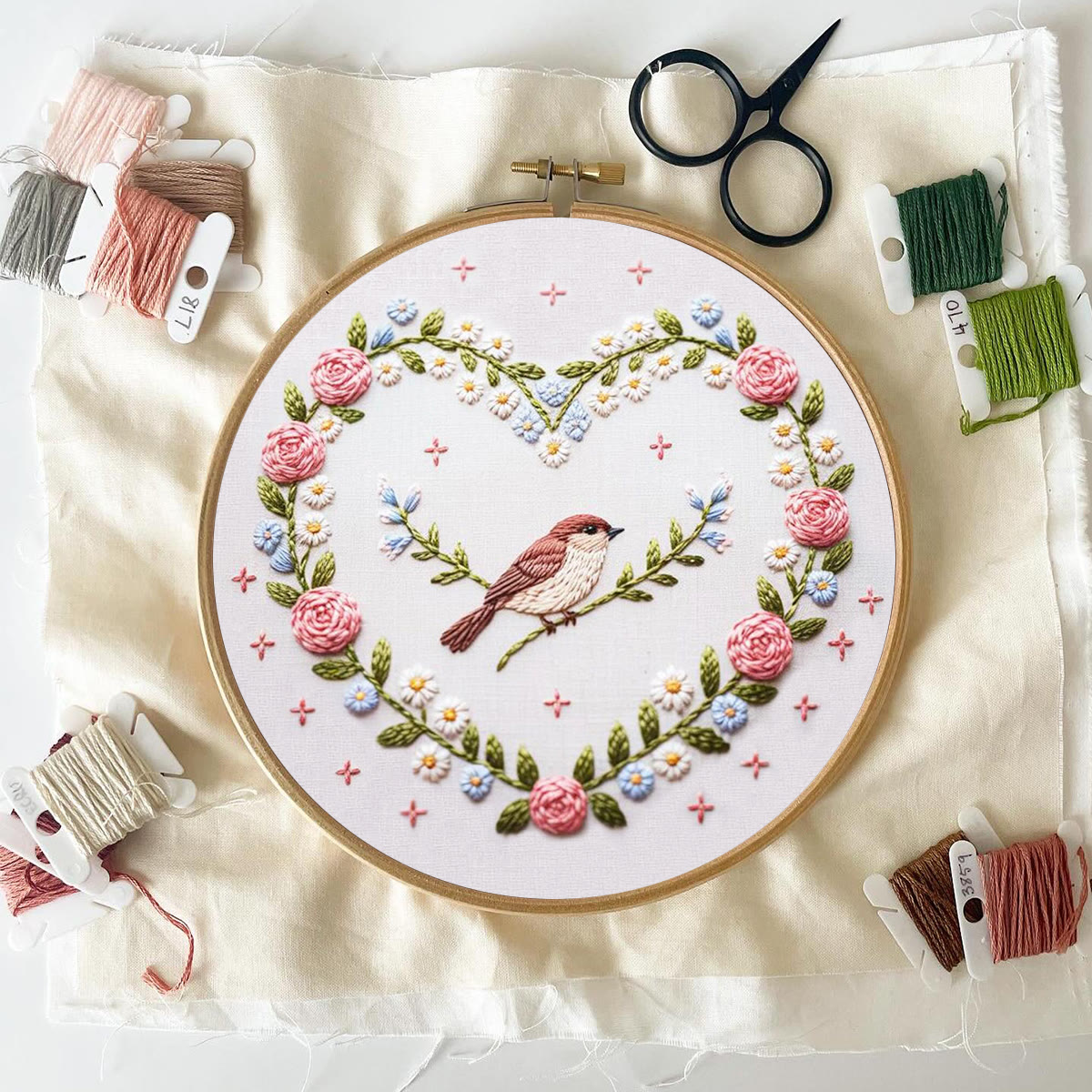 Rubbyoo Embroidery Kit - Heart Wreath with Sparrow Accent | Newbie-Friendly DIY Craft | Cozy Home Hanging Ornament - image 6