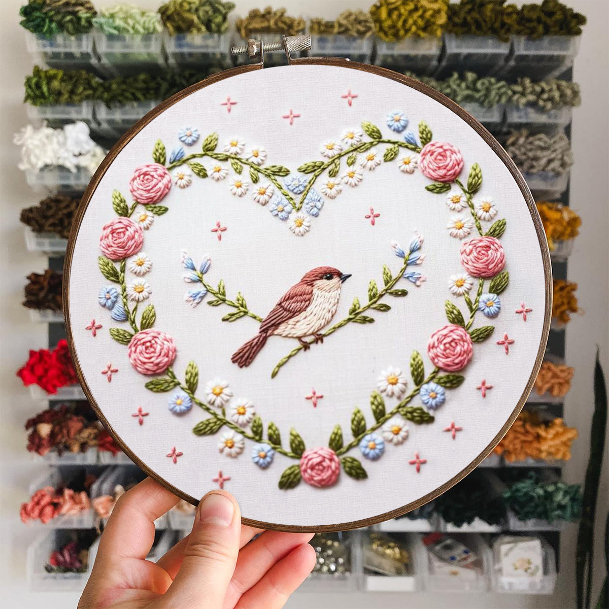 Rubbyoo Embroidery Kit - Heart Wreath with Sparrow Accent | Newbie-Friendly DIY Craft | Cozy Home Hanging Ornament - image 5