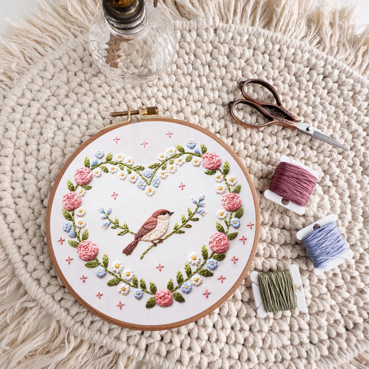 Rubbyoo Embroidery Kit - Heart Wreath with Sparrow Accent | Newbie-Friendly DIY Craft | Cozy Home Hanging Ornament - image 9