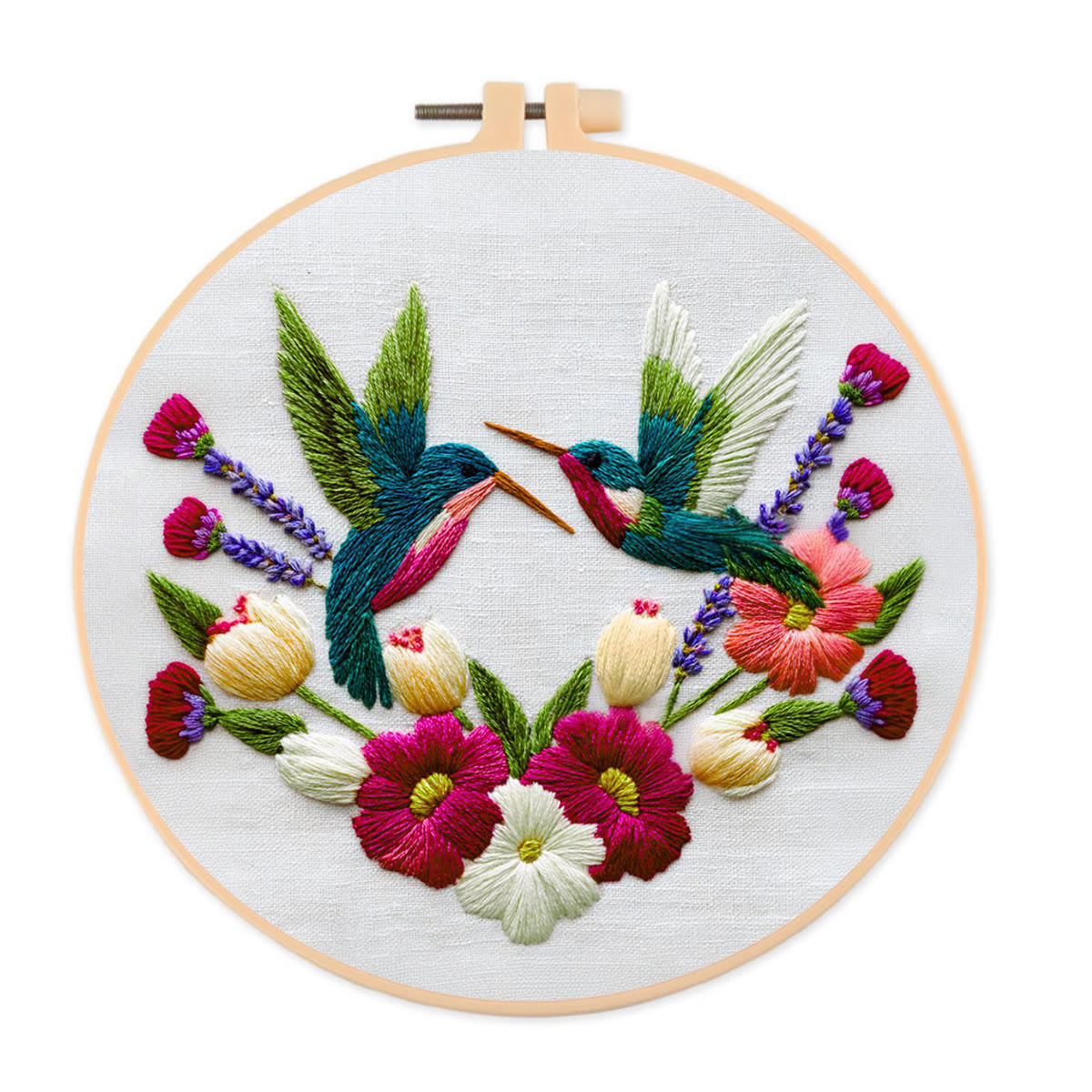 Rubbyoo Embroidery Kit - Pair of Hummingbirds Amid Floral Blooms | Romantic Embroidery Gift | Charming  Hanging Piece - 20*20cm - image 1