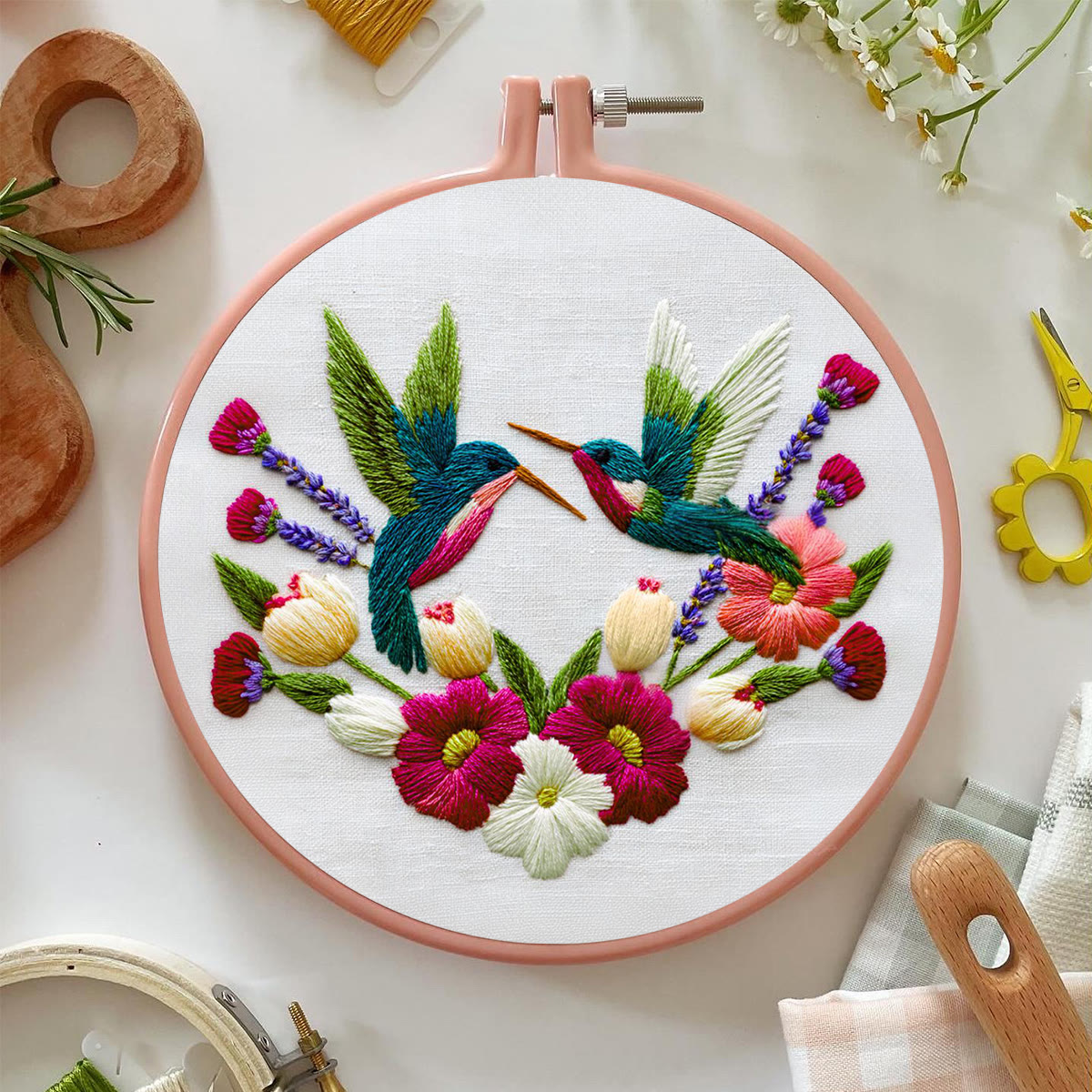 Rubbyoo Embroidery Kit - Pair of Hummingbirds Amid Floral Blooms | Romantic Embroidery Gift | Charming  Hanging Piece - image 3