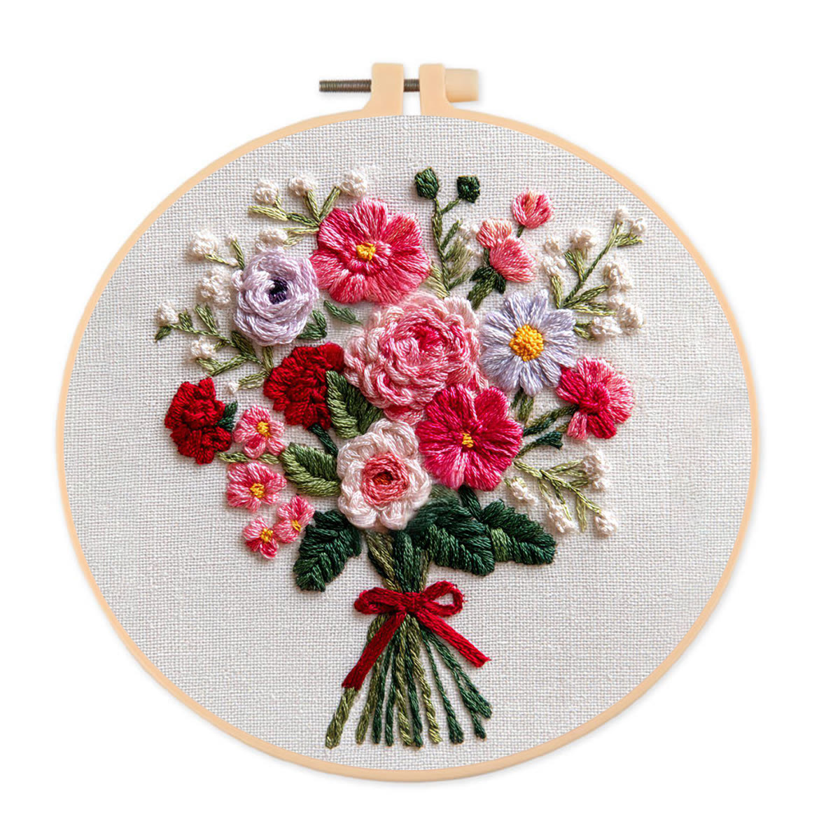 Rubbyoo Embroidery Kit - Colorful Floral Bouquet with Red Ribbon | Gifting Top Pick | Heartfelt Handcrafted Embroidery - 20*20cm - image 1