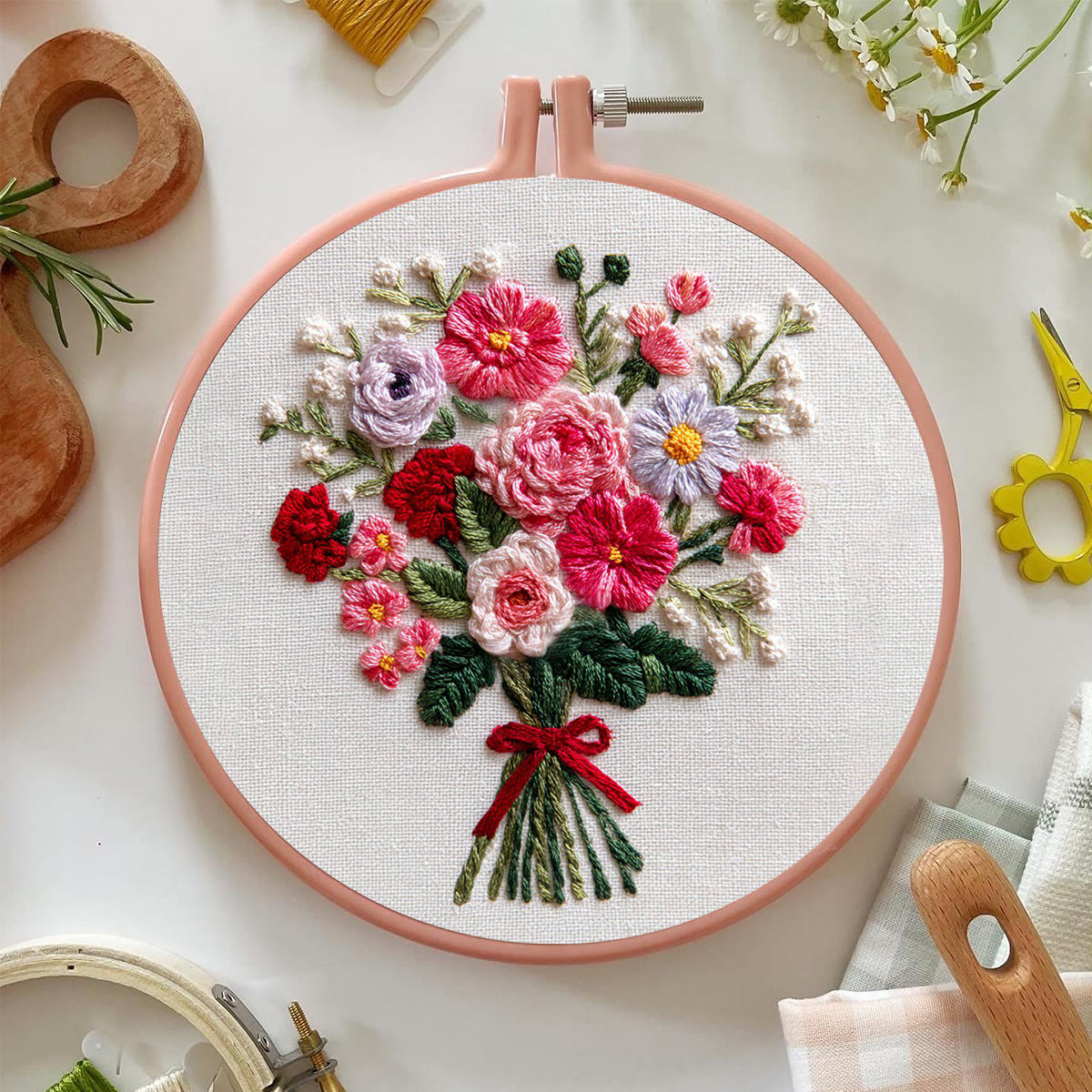 Rubbyoo Embroidery Kit - Colorful Floral Bouquet with Red Ribbon | Gifting Top Pick | Heartfelt Handcrafted Embroidery - image 2
