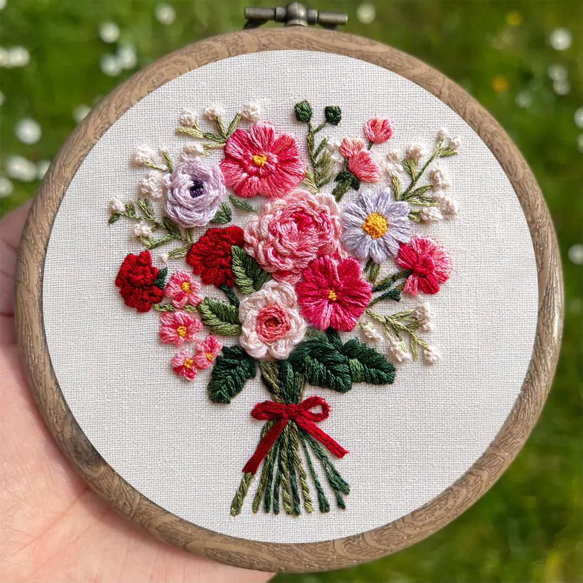 Rubbyoo Embroidery Kit - Colorful Floral Bouquet with Red Ribbon | Gifting Top Pick | Heartfelt Handcrafted Embroidery - image 5