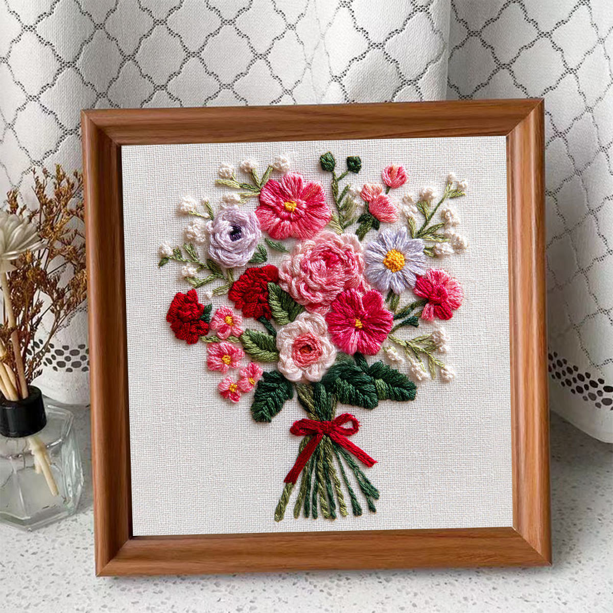 Rubbyoo Embroidery Kit - Colorful Floral Bouquet with Red Ribbon | Gifting Top Pick | Heartfelt Handcrafted Embroidery - Embroidery Kit Plus An Extra Frame - image 4