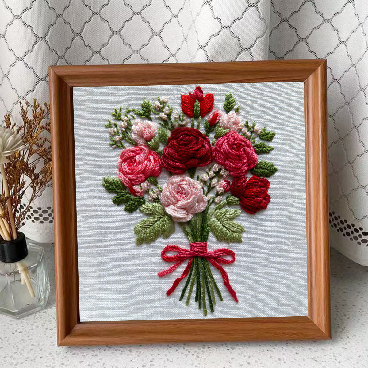 Rubbyoo Embroidery Kit - Crimson and Blush Rose Bouquet Tied | Prime Gifting Selection | Considerate Handcrafted Embroidery - Embroidery Kit Plus An Extra Frame - image 4