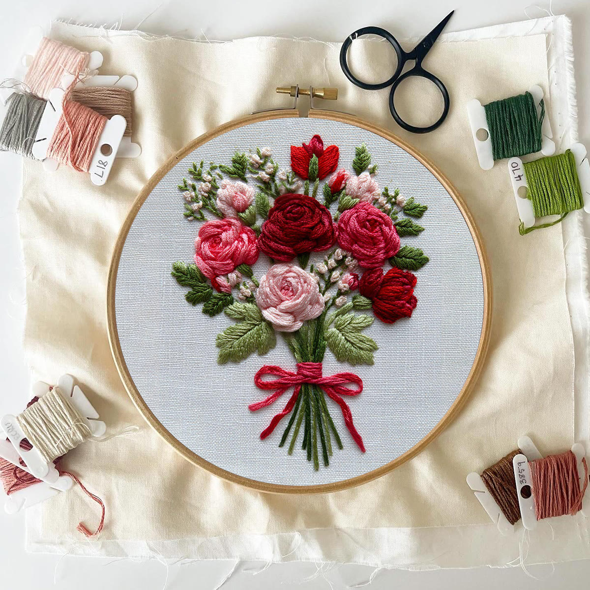 Rubbyoo Embroidery Kit - Crimson and Blush Rose Bouquet Tied | Prime Gifting Selection | Considerate Handcrafted Embroidery - image 3