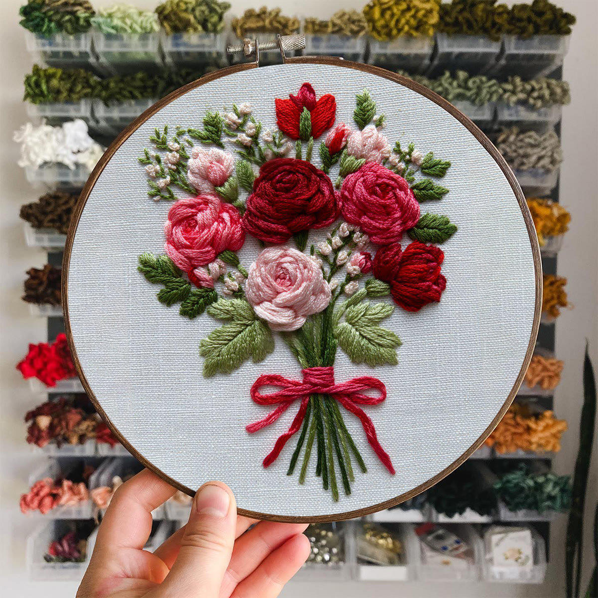 Rubbyoo Embroidery Kit - Crimson and Blush Rose Bouquet Tied | Prime Gifting Selection | Considerate Handcrafted Embroidery - image 7