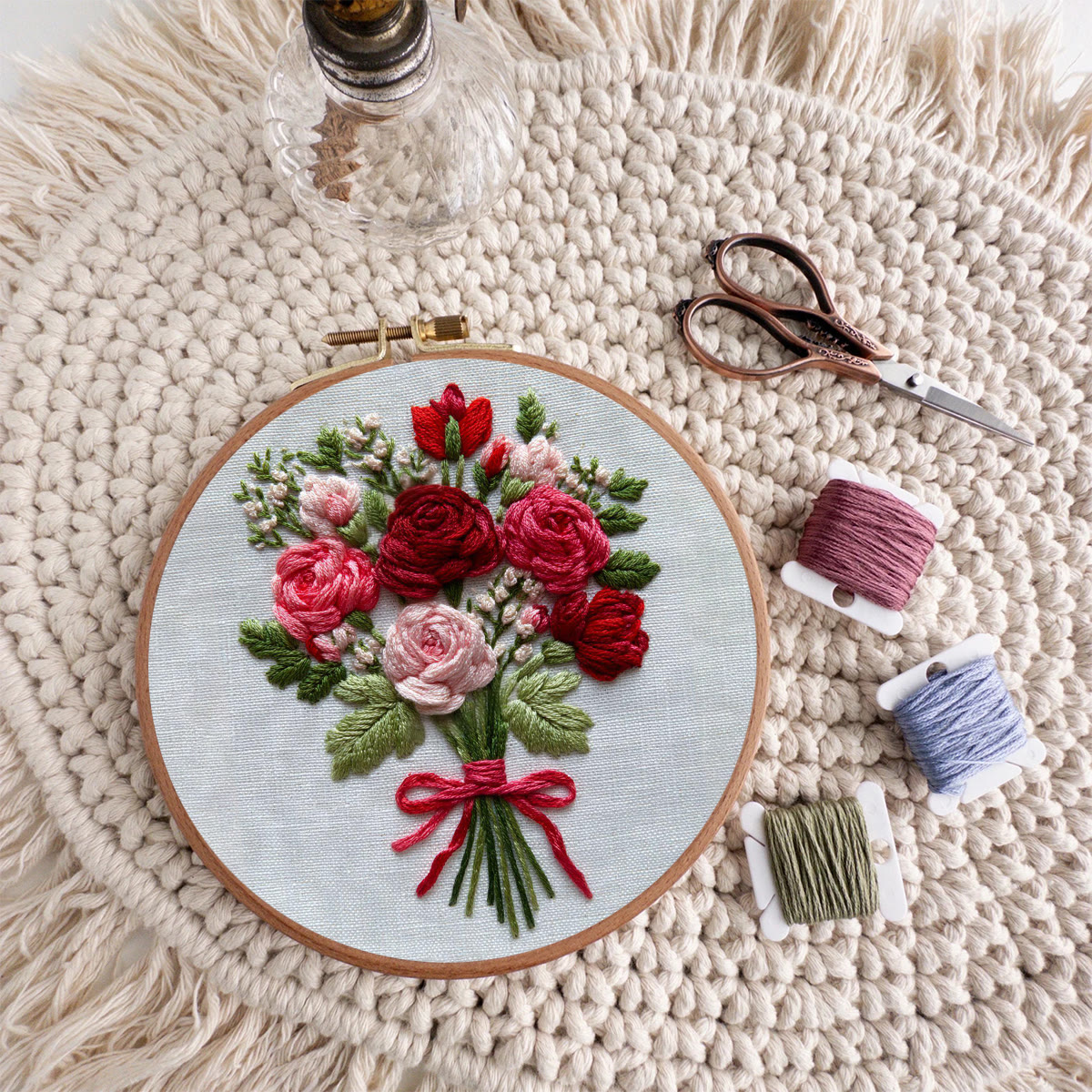 Rubbyoo Embroidery Kit - Crimson and Blush Rose Bouquet Tied | Prime Gifting Selection | Considerate Handcrafted Embroidery - image 10