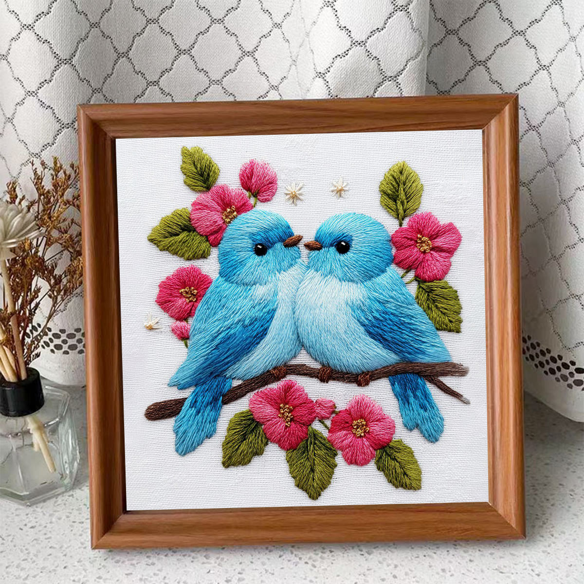 Rubbyoo Embroidery Kit - Two Blue Birds With Pink Blooms | Cute Handmade Craft | Newcomer-friendly Diy - Embroidery Kit Plus An Extra Frame - image 4
