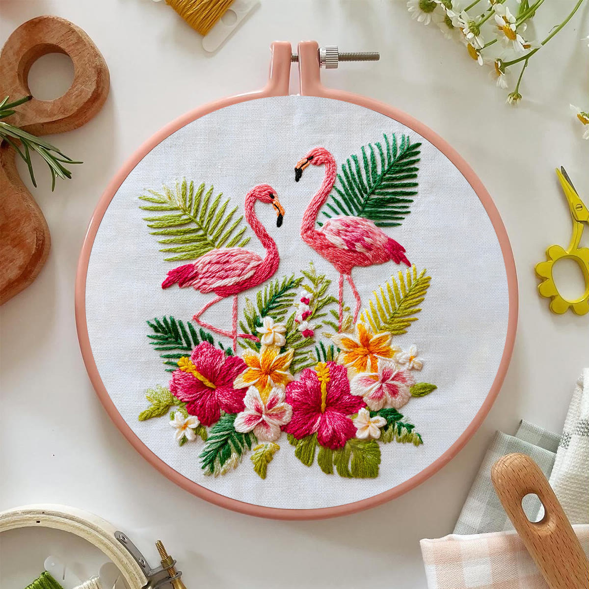 Rubbyoo Embroidery Kit - Two Flamingos With Tropical Florals | Premier Gifting Option | Refined Decorative Hanger - image 3