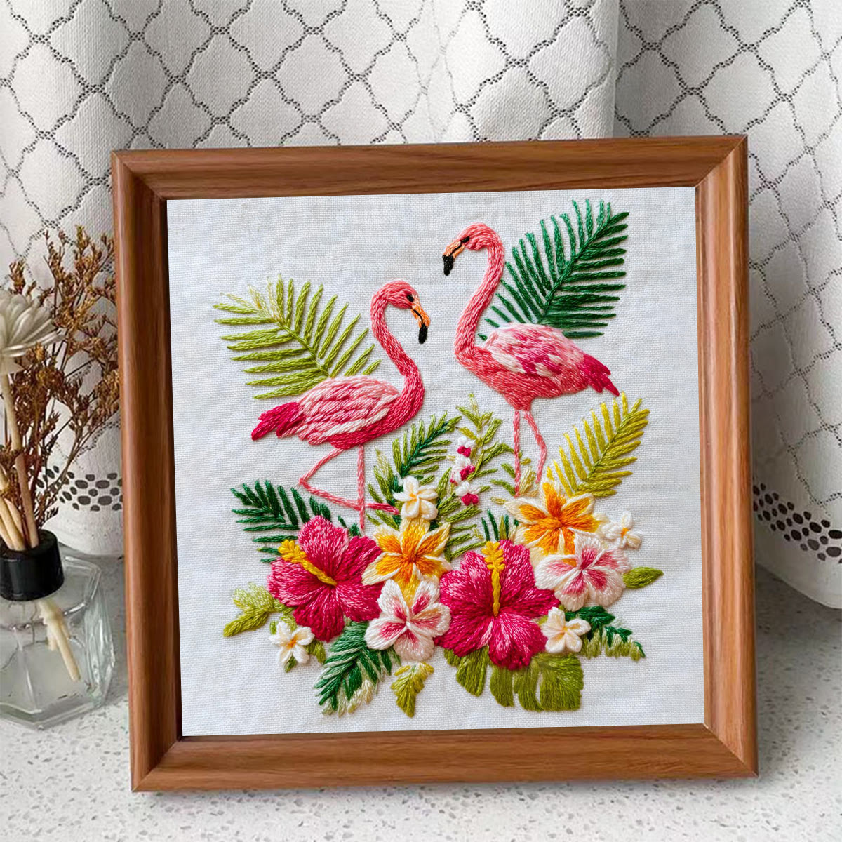 Rubbyoo Embroidery Kit - Two Flamingos With Tropical Florals | Premier Gifting Option | Refined Decorative Hanger - Embroidery Kit Plus An Extra Frame - image 4
