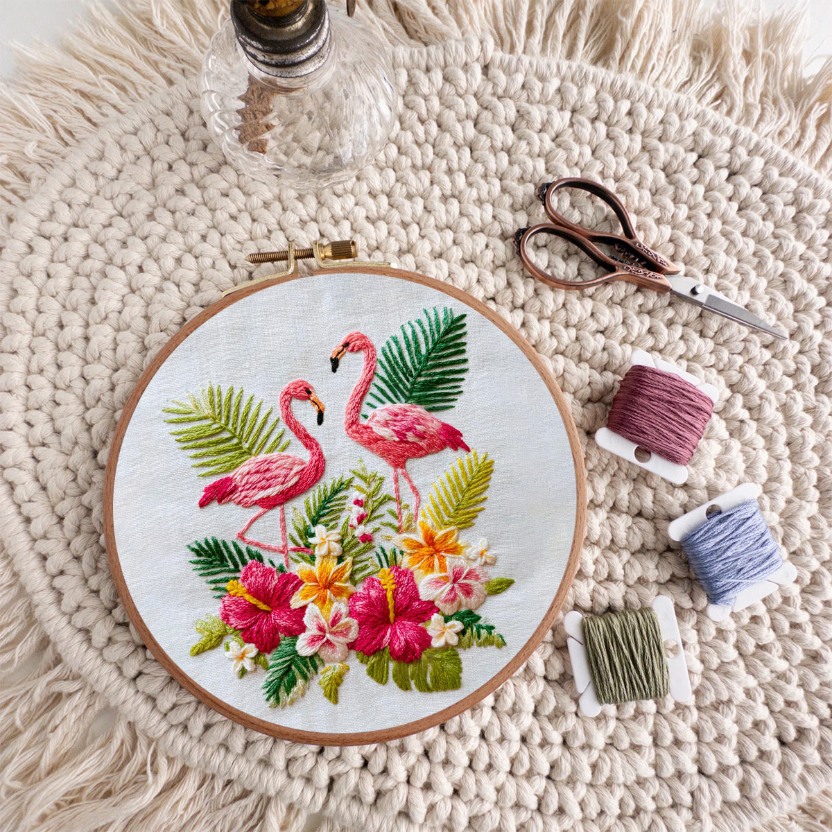 Rubbyoo Embroidery Kit - Two Flamingos With Tropical Florals | Premier Gifting Option | Refined Decorative Hanger - image 8