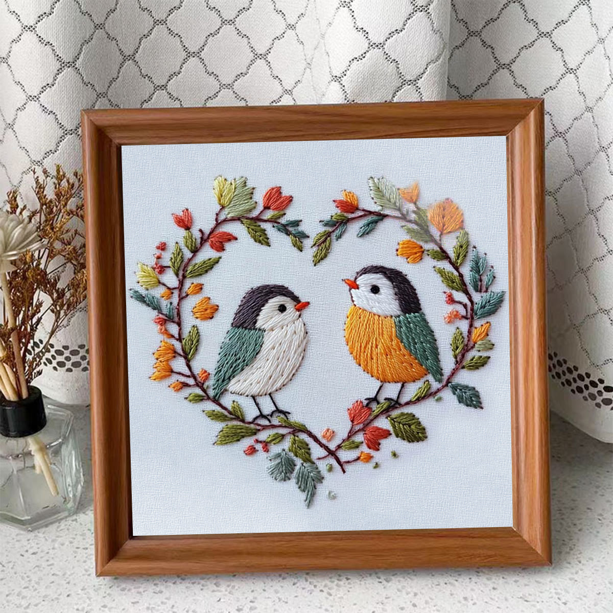Rubbyoo Embroidery Kit - Two Birds In Heart Branch Wreath | Freshman-friendly Diy | Entry-level Handcraft - Embroidery Kit Plus An Extra Frame - image 4