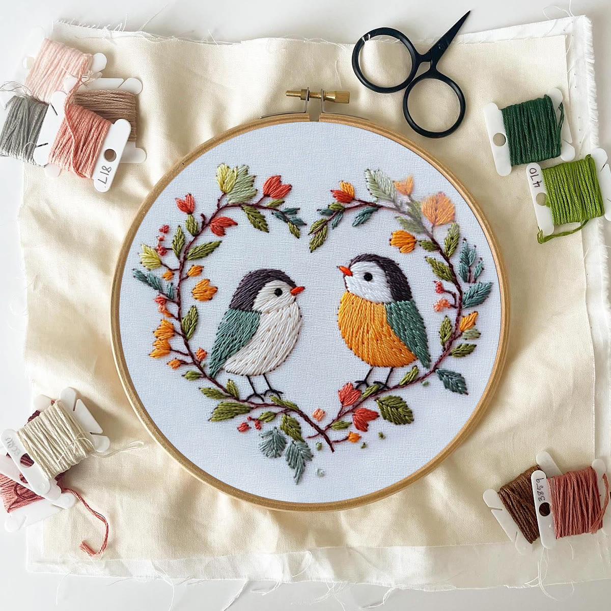 Rubbyoo Embroidery Kit - Two Birds In Heart Branch Wreath | Freshman-friendly Diy | Entry-level Handcraft - image 7
