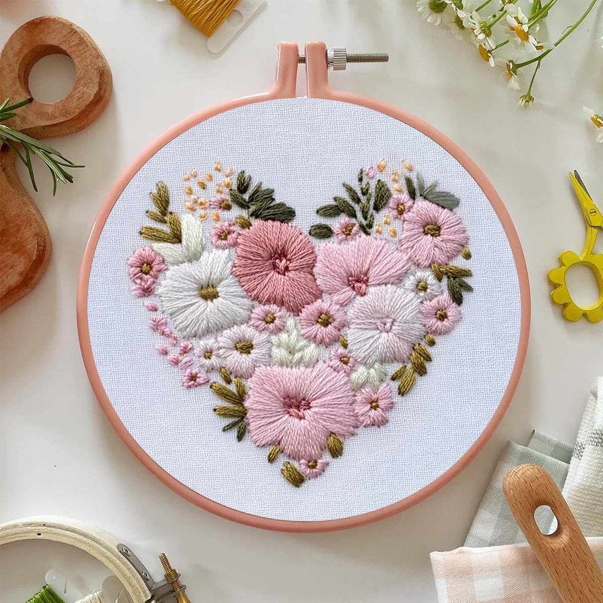 Rubbyoo Embroidery Kit - Delicate Pastel Floral Heart Cluster | Novice-Friendly DIY | Gentle Fresh Entry-Level Piece - image 2