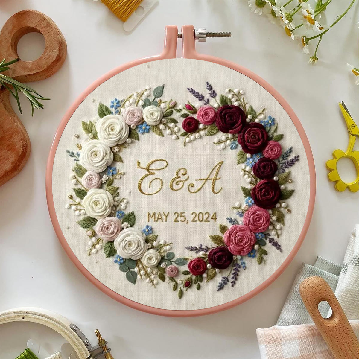 Rubbyoo Embroidery Kit - Dual-tone Rose Heart Wreath | Handcrafted Memorial Gift | Elegant Embroidery Accent - image 2