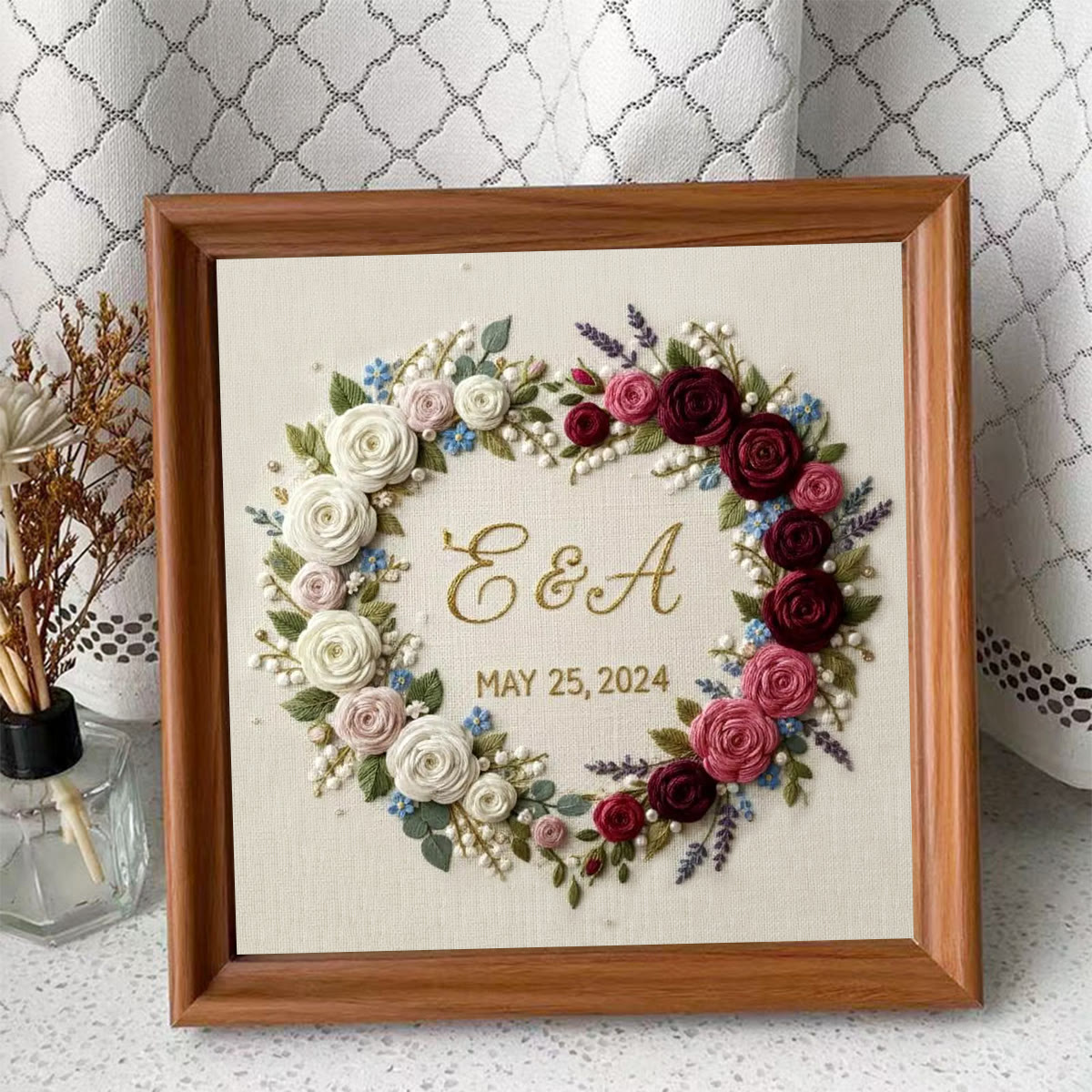 Rubbyoo Embroidery Kit - Dual-tone Rose Heart Wreath | Handcrafted Memorial Gift | Elegant Embroidery Accent - Embroidery Display Frame (Only Frame) - image 4